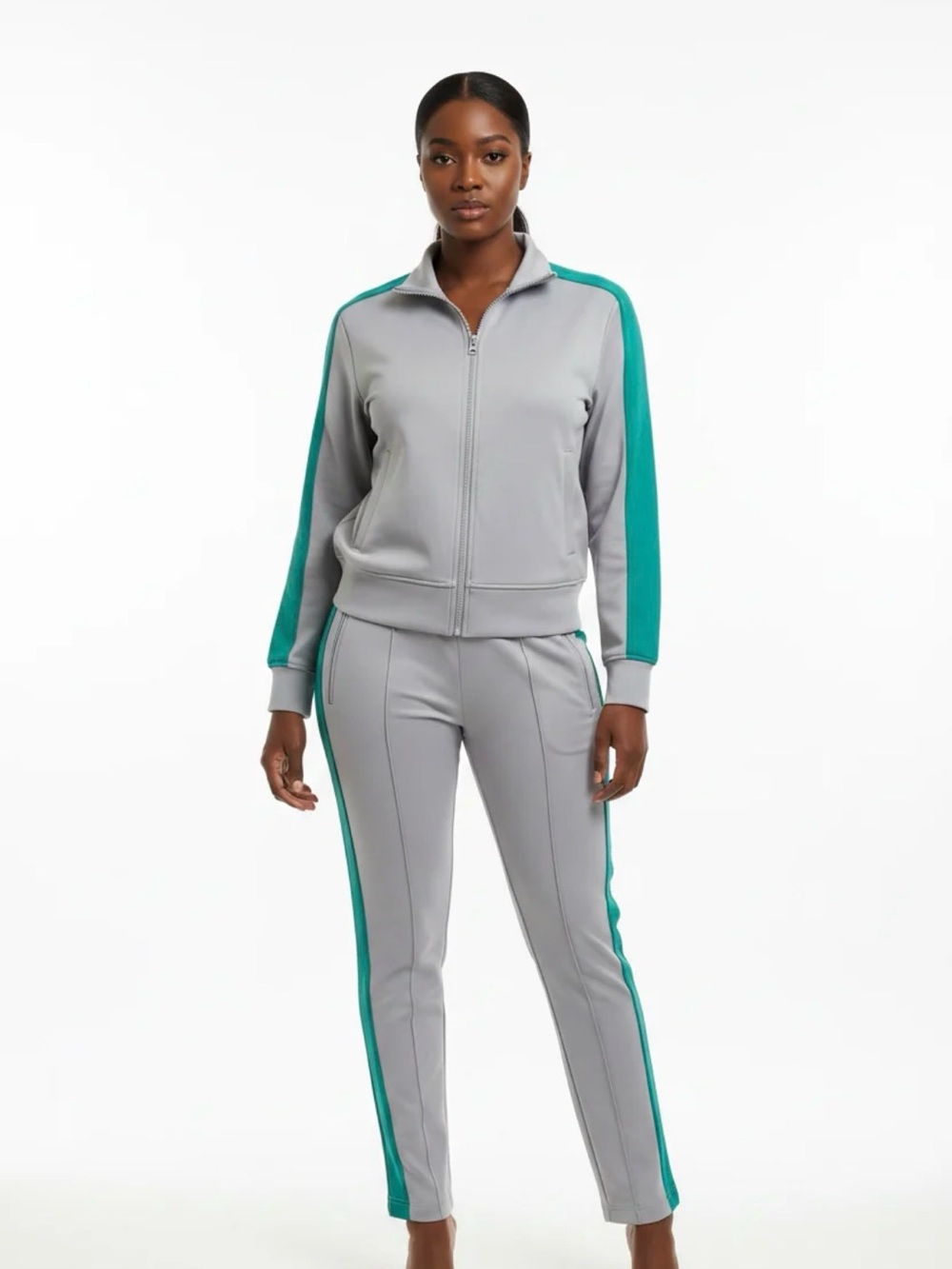 Gray Track Jacket & Pants Set with Teal Stripes